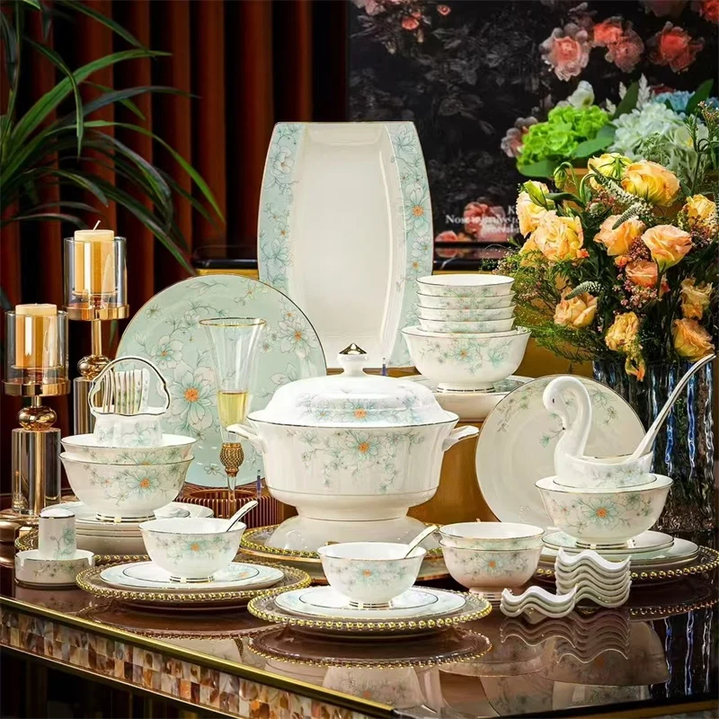 70头描金清风玉影骨瓷餐具