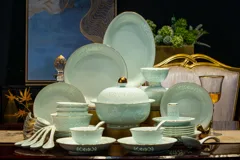 58头描金青瓷玲珑花弄影餐具 · 5