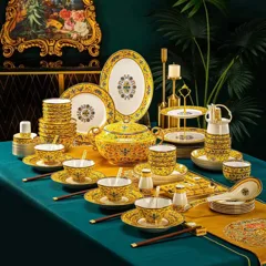 86头珐琅彩帝王黄缠枝莲福镶金骨瓷餐具 · 1