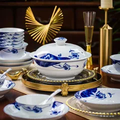 56头青花移步生莲餐具（白瓷） · 2