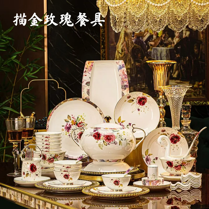 70头描金玫瑰骨瓷餐具