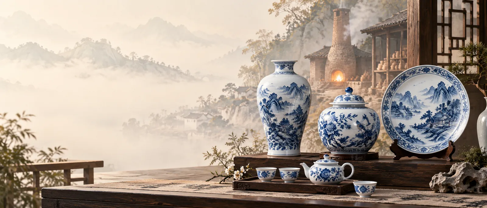 Illustrated scene inspired by Jingdezhen ceramics and kilns